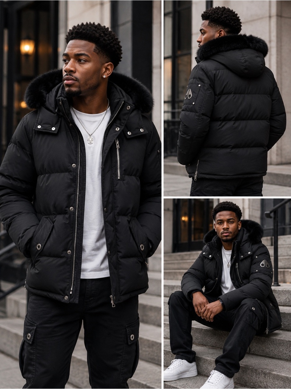 Moose Knuckles Men Black Faux-Fur Trim Hooded Puffer
